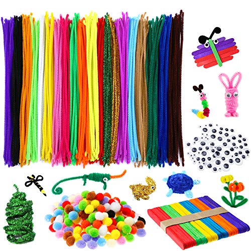 Caydo 910 Pieces Pipe Cleaners Set, Including 360 Pcs 20 Colors Chenille Stems with Smooth Processing at Both Ends, 300 Pieces 4 Size Wiggle Eyes, 200 Pieces Pom Poms and 50 Pieces Craft Sticks