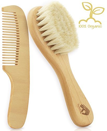 Book Cover Natural Soft Newborn Baby Brush Set - Goat Hair Bristles with Eco-Friendly Wood Handle | Wooden Infant Cutie Comb by PomPerfect