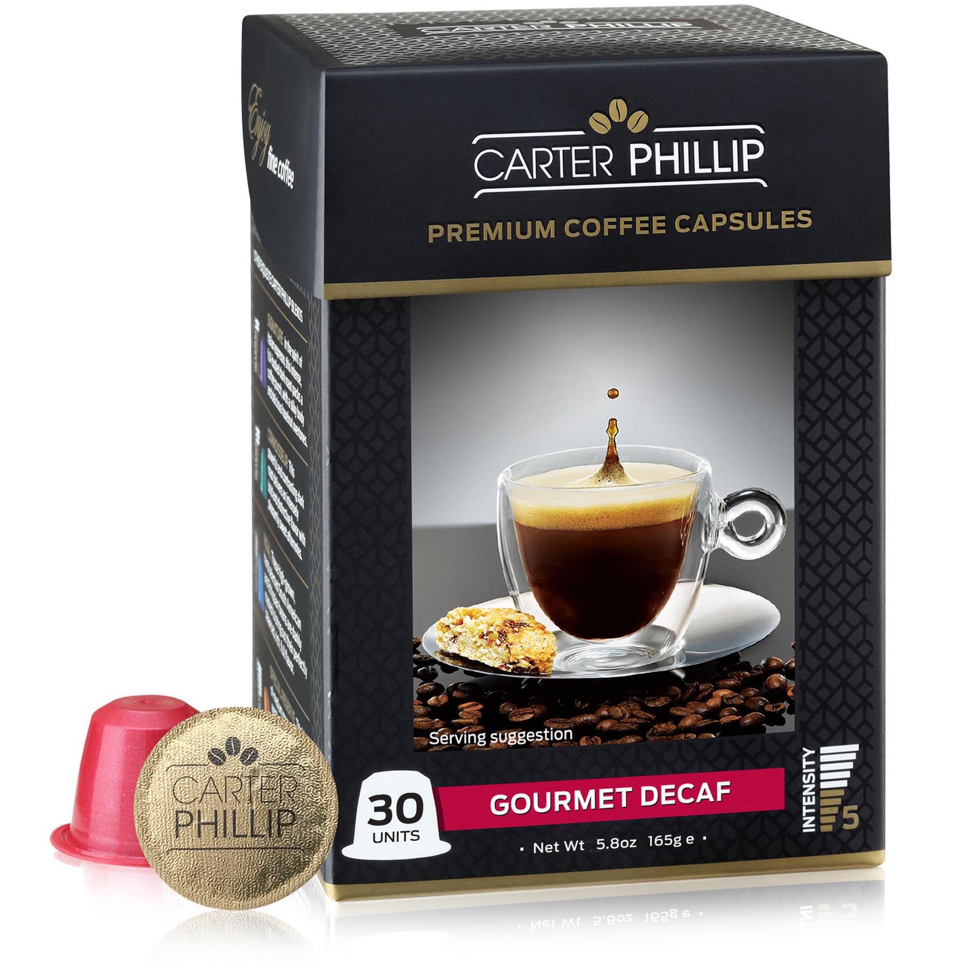 Decaf Espresso Capsules Compatible with Nespresso - 30 CARTER PHILLIP Premium Coffee Capsules Compatible with OriginalLine Nespresso Capsules Machines - Delicious Alternative to Nespresso Pods GOURMET DECAF Dark Roast, Intensity 5 30