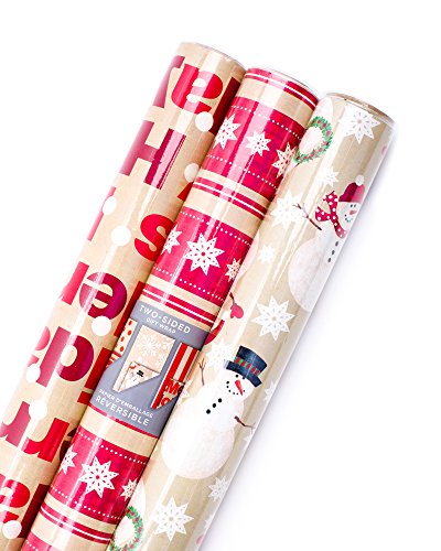 Hallmark Reversible Christmas Wrapping Paper Bundle (Pack of 3; 120 sq. ft. ttl.) Brown and Red, Merry Holidays, Snowflakes, Dots, Snowmen