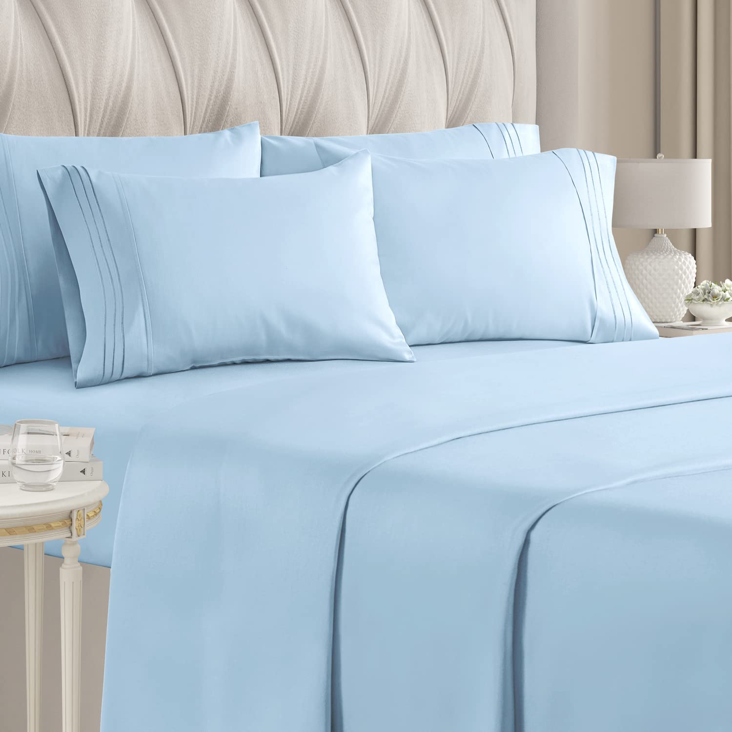 Book Cover California King Size Sheet Set - 6 Piece Set - Hotel Luxury Bed Sheets - Soft - Deep Pockets - Easy Fit - Cooling Sheets - Wrinkle Free - Light Blue Bed Sheets - Cali Kings Sheets - Baby Blue 6 PC 09 - Light Blue California King