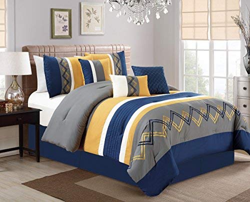 Book Cover Arden by Chezmoi Collection - 7 Pieces Modern Pleated Stripe Embroidered Zigzag Bedding Comforter Set (Queen, Navy/Gray/Yellow/Off-White)