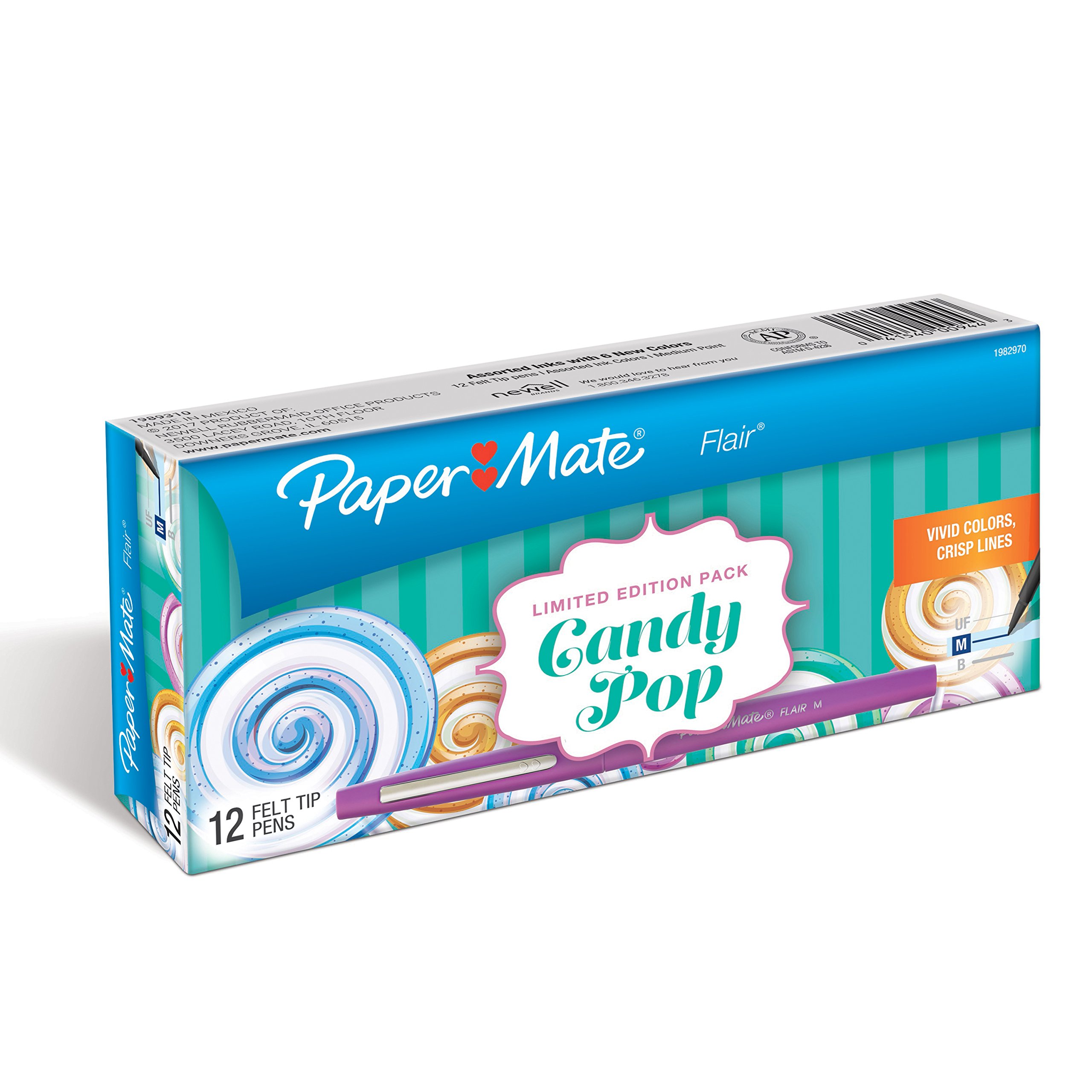 Book Cover Paper Mate Flair Felt Tip Pens, Medium Point, Limited Edition Candy Pop Pack, Pack of 32 (1979425) Candy Pop 12 Count (Pack of 1) Medium Tip