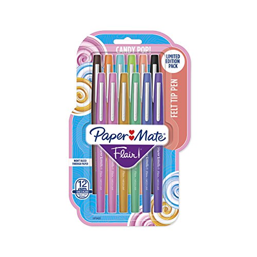 Book Cover Paper Mate Flair Felt Tip Pens, Medium Point (0.7mm), Limited Edition Candy Pop Pack, 12 Count