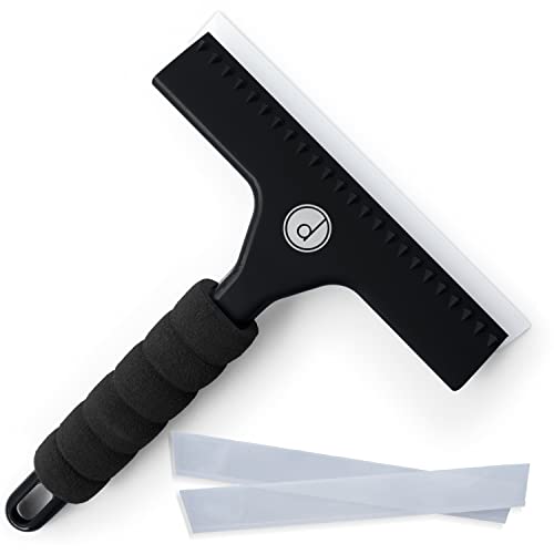 Book Cover Squeegee for Shower Door, Car Windshield, and Glass Window - 2 Extra Silicone Replacement Blades - Foam Handle - Black