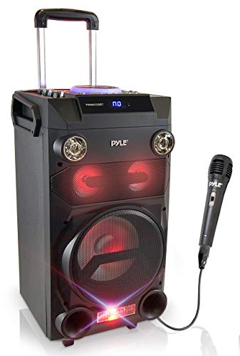 Pyle Outdoor Portable Wireless Bluetooth Karaoke PA Loud speaker - 8'' Subwoofer Sound System with DJ Lights, Rechargeable Battery, FM Radio, USB / Micro SD Reader, Microphone, Remote - PWMA335BT