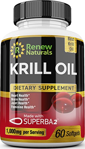Renew Naturals Antarctic Krill Oil 1000 mg Serving with Omega-3s EPA DHA Astaxanthin Supports Healthy Heart Brain Joints 60 Softgels