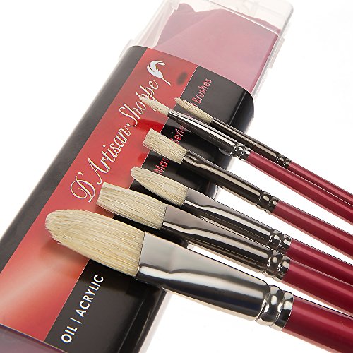 Oil Acrylic Paint Brushes Set. 100% Natural Chungking Hog Hair Bristle in Portable Organizer Plastic Container. 6pc Filbert Flat and Round Paintbrush Gift Kit.
