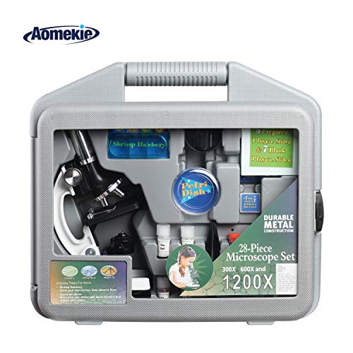 Aomekie 1200X Educational Kids Microscope Kit - Accessory Set with Metal Arm and Base + Storage Case - Gift for Kids