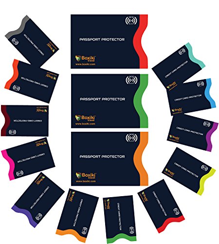 Credit Card Protector - RFID Blocking Sleeves, Set of 15 with Color Coding | 12x Credit Card Holder + 3X Passport Protector | Ultimate Anti-Theft Pack (Navy Blue)