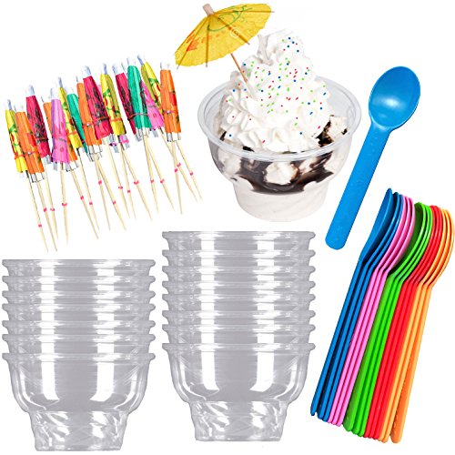 Ice Cream Sundae Kit - Clear Plastic 8 Ounce Dessert Dishes - Eco Friendly Plastic Spoons - Paper Umbrella Picks- 16 Each - Pink, Blue, Yellow, Green, Orange Party Supplies