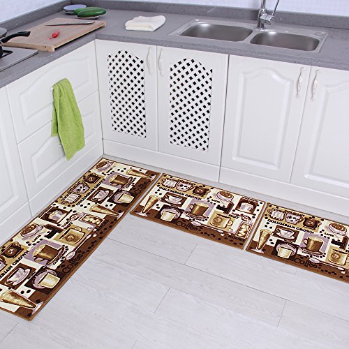 Book Cover Carvapet 3 Pieces Non-Slip Kitchen Mat Set Rubber Backing Doormat Runner Rug Set Coffee Design (Brown 15