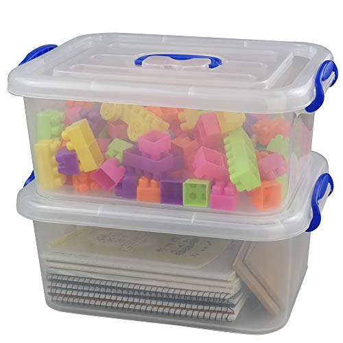 Eagrye Plastic Storage Latch Box, Clear Case with Blue Handle, Set of 2