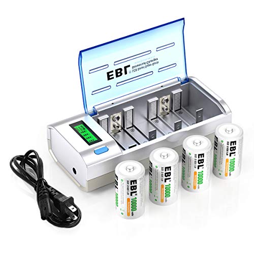 Book Cover EBL D Cells 10000mAh Rechargeable Batteries (4 Counts) with C D 9V AA AAA Battery Charger