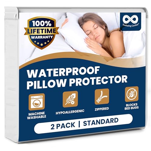Everlasting Comfort 100% Waterproof Pillow Protector, Hypoallergenic, Breathable Membrane, Lifetime Replacement Guarantee (Standard, 2-Pack)