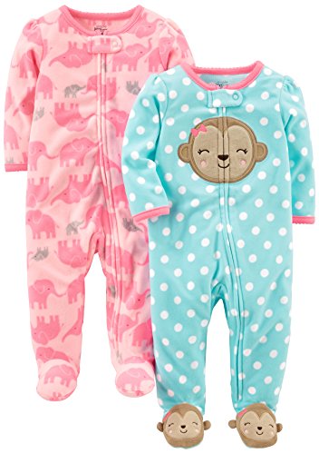 Simple Joys by Carter's Baby Girls' Fleece Footed Sleep and Play, Pack of 2, Pink Elephants/Teal Blue Monkey, Newborn