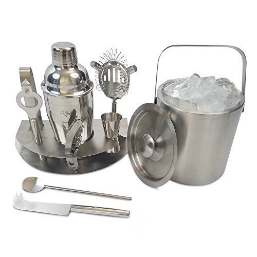 GSCW Bar Set with Ice Bucket - 10 Piece Stainless Steel Bartender Mixology Kit with Cocktail Shaker, Jigger, Strainer, Corkscrew, Bottle Opener, Tongs, Stirrer, Cheese Knife and Stand