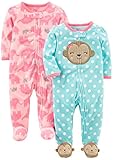 Simple Joys Baby Girl's 2 pack Cotton Footed Sleep and Plays Sleepwear, Monkey/Elephant, 3-6 Months