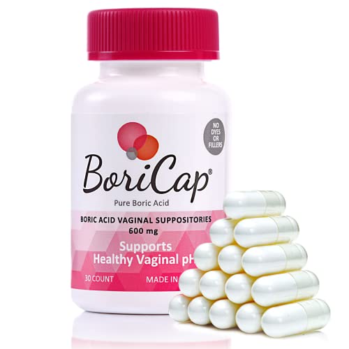 BoriCap Boric Acid Suppositories - 30 Count, 600mg - Restores pH and Normal Vaginal Health - Feminine Hygiene Products for Vaginal Odor & Discomfort - Suppository Made Without Dyes or Fillers