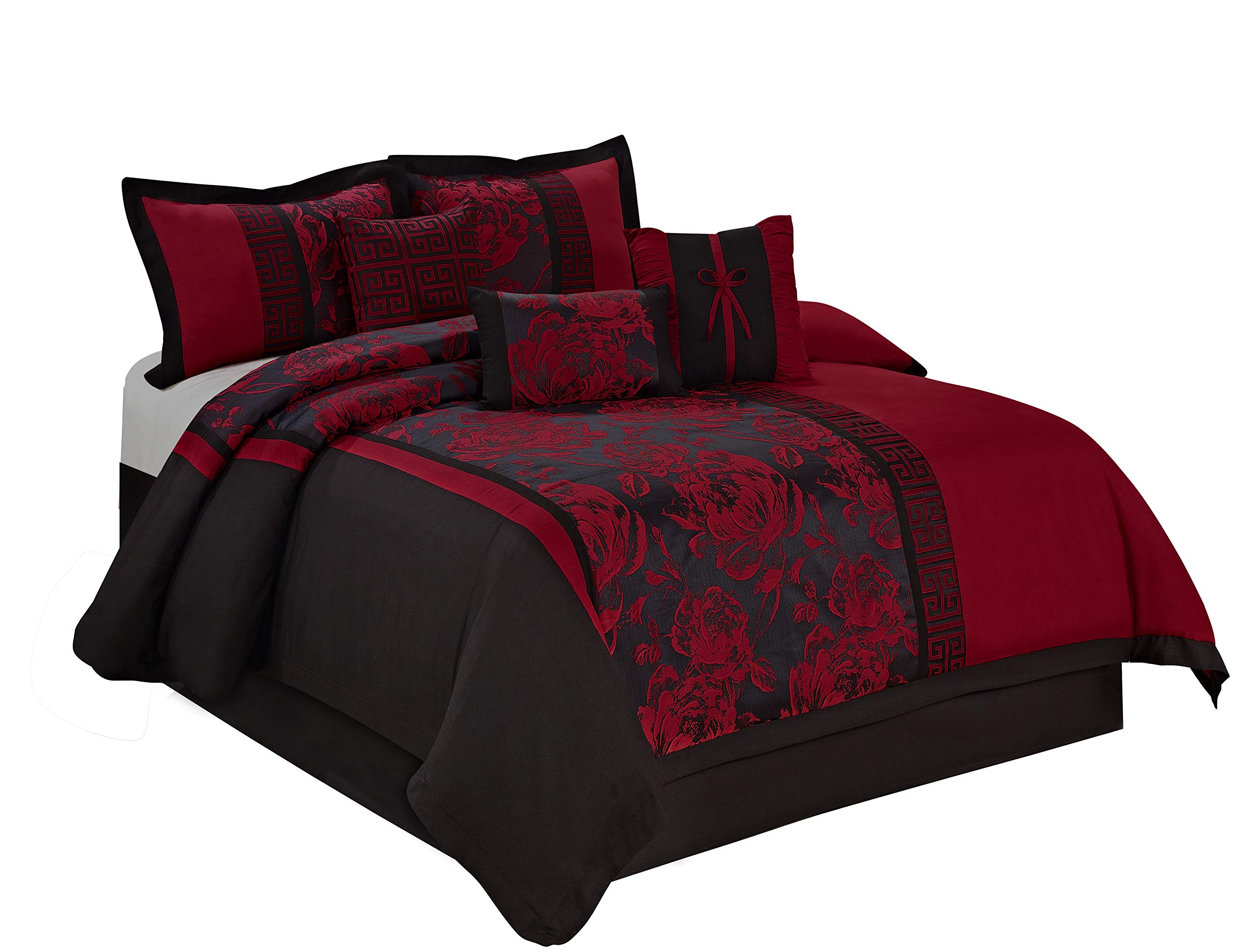 Book Cover BEDnLINENS 7 Piece Comforter Set King - Burgundy Jacquard Fabric Patchwork - Peony Bed in A Bag King Size - Breathable & Long-Lasting - Includes 1 Comforter, 2 Shams, 3 Decorative Pillows, 1 Bedskirt Burgundy King