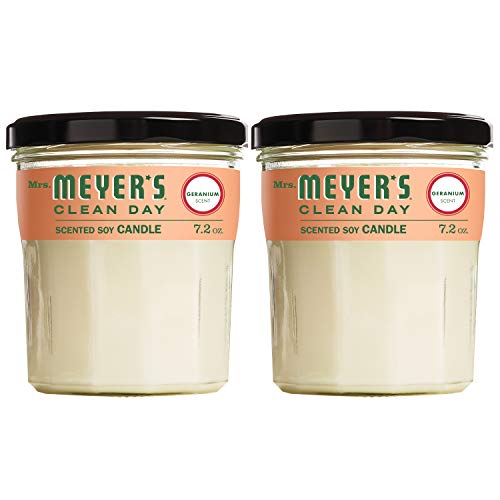 Book Cover Mrs. Meyer's Clean Day Scented Soy Aromatherapy Candle, 35 Hour Burn Time, Made with Soy Wax and Essential Oils, Geranium, 7.2 oz- Pack of 2