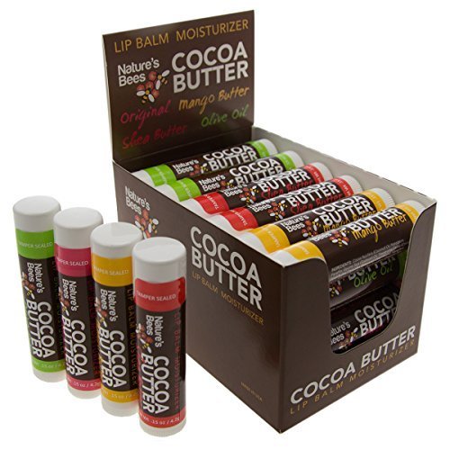 Nature's Bees, Cocoa Butter Lip Balms, Original Mix, Display Box, with Shea Butter - Pack of 24