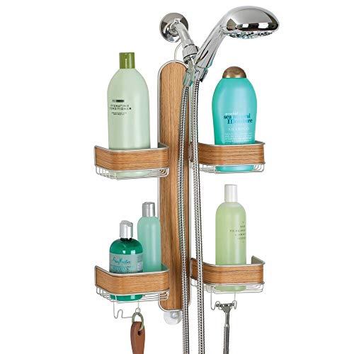 mDesign Metal Hanging Bath and Shower Caddy Storage Organizer for Hand Held Shower Head and Hose - 2 Levels for Bathroom Showers, Stalls, Bathtubs - 4 Shelf Format - Satin/Teak Wood Veneer Finish