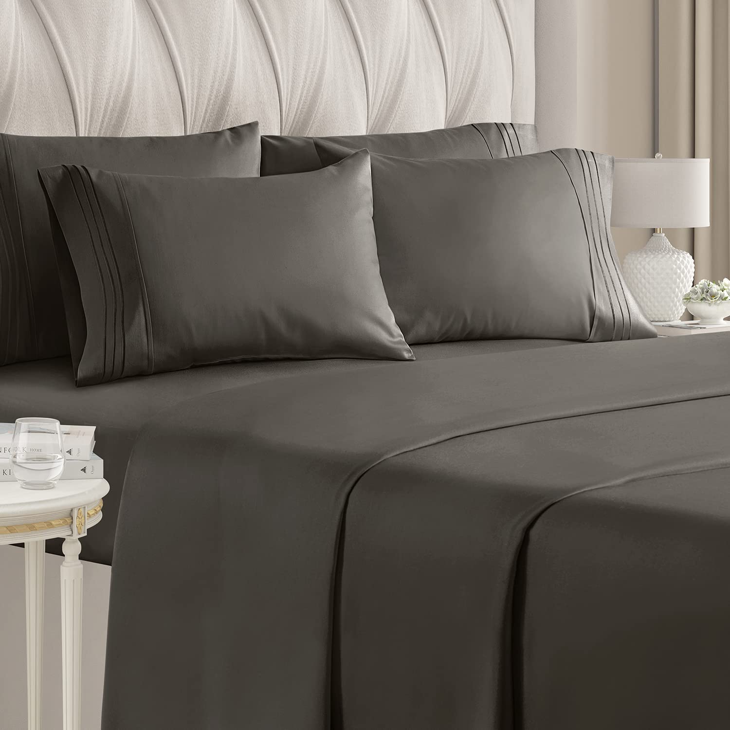 Book Cover Full Size Sheet Set - 6 Piece Set - Hotel Luxury Bed Sheets - Extra Soft - Deep Pockets - Easy Fit - Breathable & Cooling Sheets - Wrinkle Free - Dark Gray - Grey Bed Sheets - Fulls Sheets - 6 PC 03 - Dark Grey Full