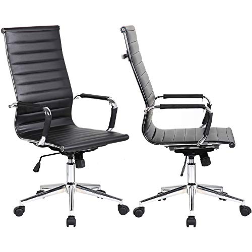 2xhome Set of 2 Black Modern High Back Ribbed PU Leather Tilt Adjustable Office Chair with Wheels Arm Rests Comfortable Desk Executive Mid Century Designer Desk