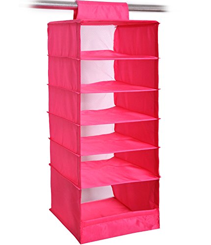 Book Cover NKTM 6-Shelf Girls Closet Hanging Shelf Shoe Sweater Clothing Organizer for Students Children Pink 600D Oxford Fabric,10.3x11.8x33 inches