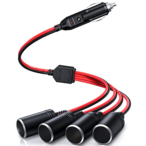 Electop 1 to 4 Car Cigarette Lighter Splitter Adapter Power Charger Port, 12V 24V Plug Socket Adapter 4-Way Splitter, 12 inch Cigarette Lighter Extension Cord Cable 16AWG with 15A Fuse