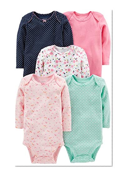 Book Cover Simple Joys by Carter's Baby Girls' 5-Pack Long-Sleeve Bodysuit, Pink/Navy/Mint, 0-3 Months