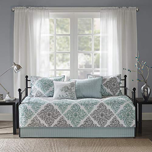 Book Cover Madison Park Claire Daybed Size Quilt Bedding Set - Aqua, Grey , Leaf Geometric â€“ 6 Piece Bedding Quilt Coverlets â€“ Ultra Soft Microfiber Bed Quilts Quilted Coverlet
