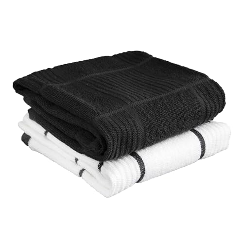 T-fal Textiles 2-Pack Solid & Check Parquet Design 100-Percent Cotton Kitchen Dish Towel, Charcoal, 2 Pack