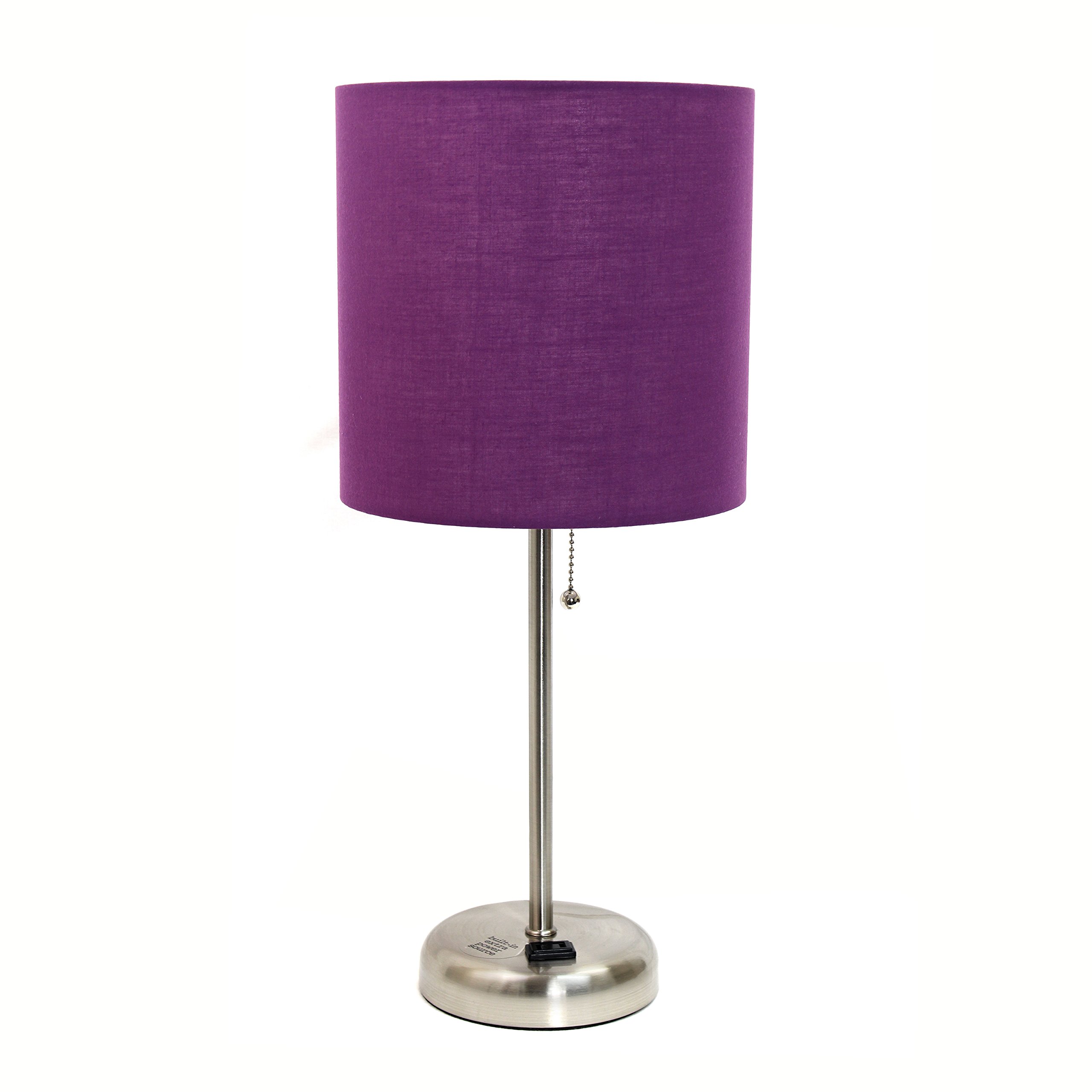 Book Cover Limelights LT2024-PRP Brushed Steel Stick Table Desk Lamp with Charging Outlet and Drum Fabric Shade, Purple Brushed Steel Base/Purple Shade 1