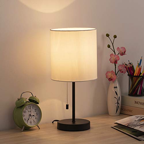 HAITRAL Table Lamp - Modern Bedside Desk Lamp with Pull Chain Fabric Lamp Shade Nightstand Lamp for Bedroom, Office, College Dorm