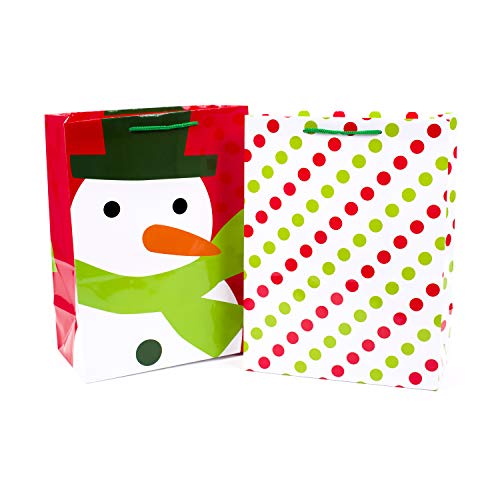 Hallmark 12" Large Holiday Gift Bags, Snowman, Green and Red Polka Dots (Pack of 2)