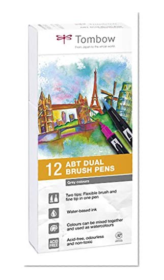 Tombow ABT-12P-3 Lot de 12 Feutres pinceau à 2 pointes, nuances de gris
