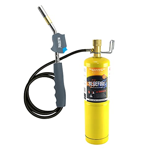 BLUEFIRE HZ-8388B Self Igniting 3' Hose Gas Welding Torch with Handy Clip and MAPP Bottle,Super Swirl Flame Handhold Portable Hosed Nozzle Head Fuel by Propane MAP Pro (Torch kit with MAPP)