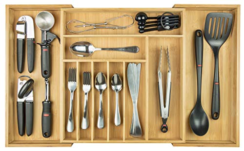 Book Cover KitchenEdge Cutlery Tray and Utensil Organiser for Kitchen Drawers, Expandable to 28 Inches Wide, 10 Compartments, 100% Bamboo