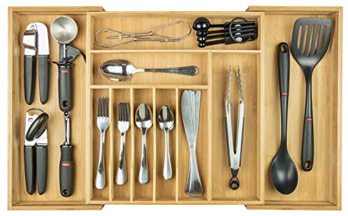 KitchenEdge Cutlery Tray and Utensil Organiser for Kitchen Drawers, Expandable to 28 Inches Wide, 10 Compartments, 100% Bamboo