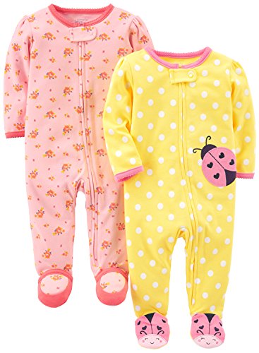 Simple Joys by Carter's Baby Girls' 2-Pack Cotton Footed Sleep and Play, Pink Floral/Ladybug, Newborn