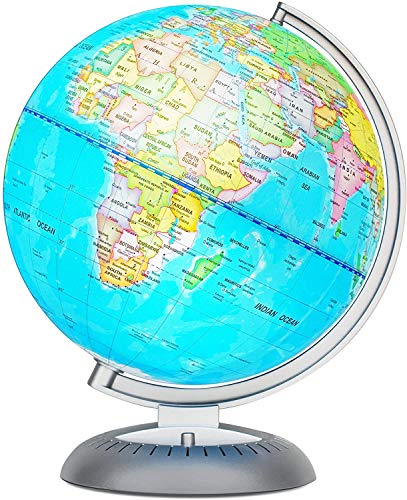 Illuminated World Globe for Kids with Stand â€“ Built-in LED Light Illuminates for Night View â€“ Colorful, Easy-Read Labels of Continents, Countries, Capitals & Natural Wonders, 8 Inch Diameter