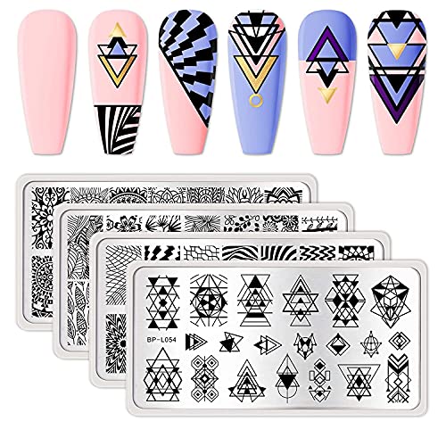 BORN PRETTY Nail Stamping Plates Kit 4Pcs Image Plates Geometry Leaves Datura Flowers Stamp Templates Set Manicure DIY Designs