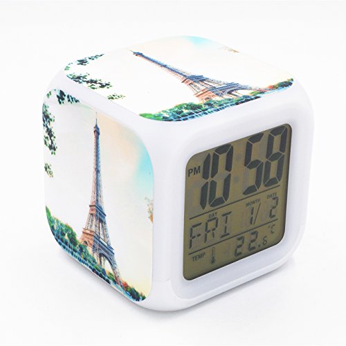 Book Cover Boyan Led Alarm Clock France Paris Eiffel Tower Design Creative Desk Table Clock Glowing Electronic Led Digital Alarm Clock for Unisex Adults Kids Toy Gift