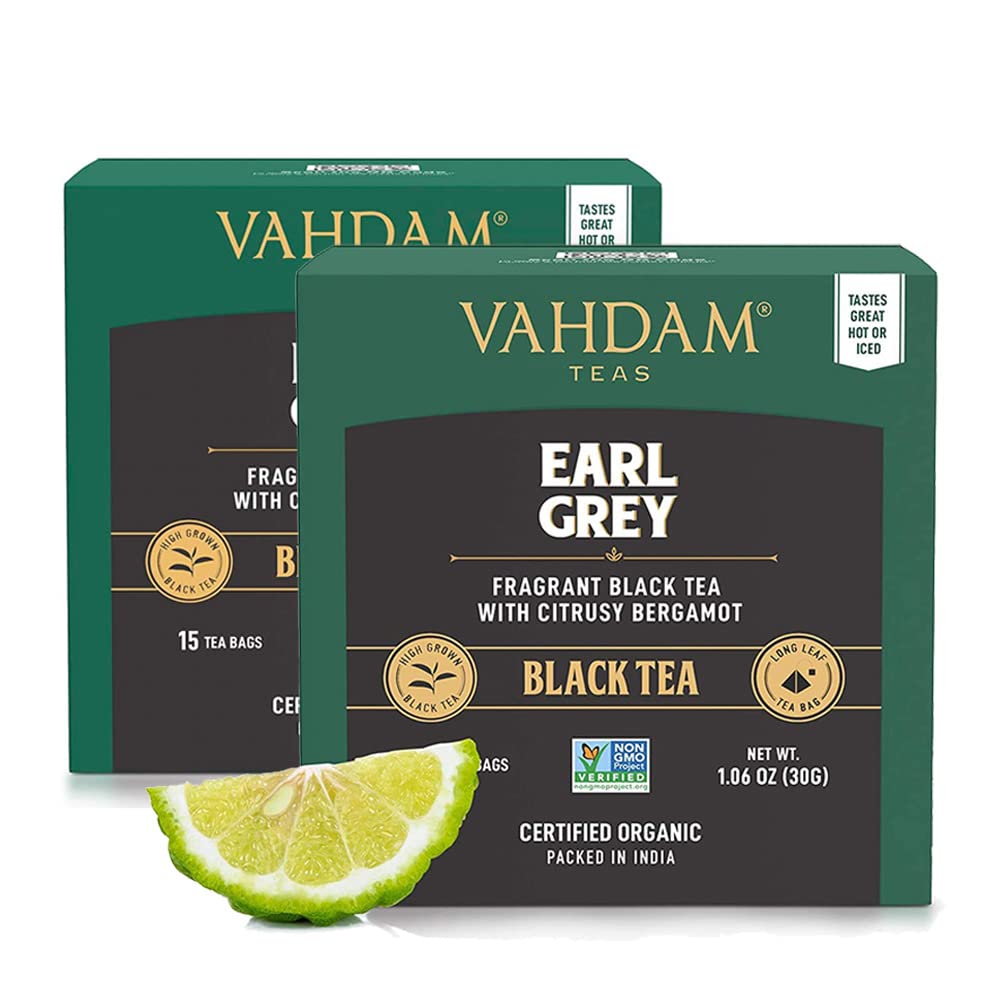 VAHDAM, Earl Grey Tea Leaves (30 Tea Bags) CITRUSY & DELICIOUS - Brew Iced Tea or Hot Tea, Black Tea blended with 100% Natural Oil of Bergamot, Earl Grey Tea 15 Count (Pack of 2)