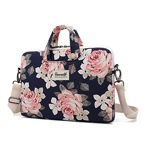 canvaslife White Rose waterproof Patten Canvas Laptop Shoulder Messenger Bag Case Sleeve for 11 Inch 12 Inch 13 Inch Laptop and 11/12/ 13