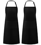 Syntus 2 Pack Adjustable Bib Apron Waterdrop Resistant with 2 Pockets Cooking Kitchen Aprons for Women Men Chef, Black