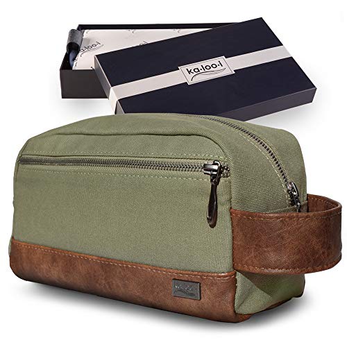 Toiletry Bag for Men - Canvas Dopp Kit for Travel, Gym, Grooming & Shaving, Waterproof Lining, 10" x 4.5" x 5.5", Olive Green Color with Vegan Leather Trim, Comes in Gift Box by Kalooi
