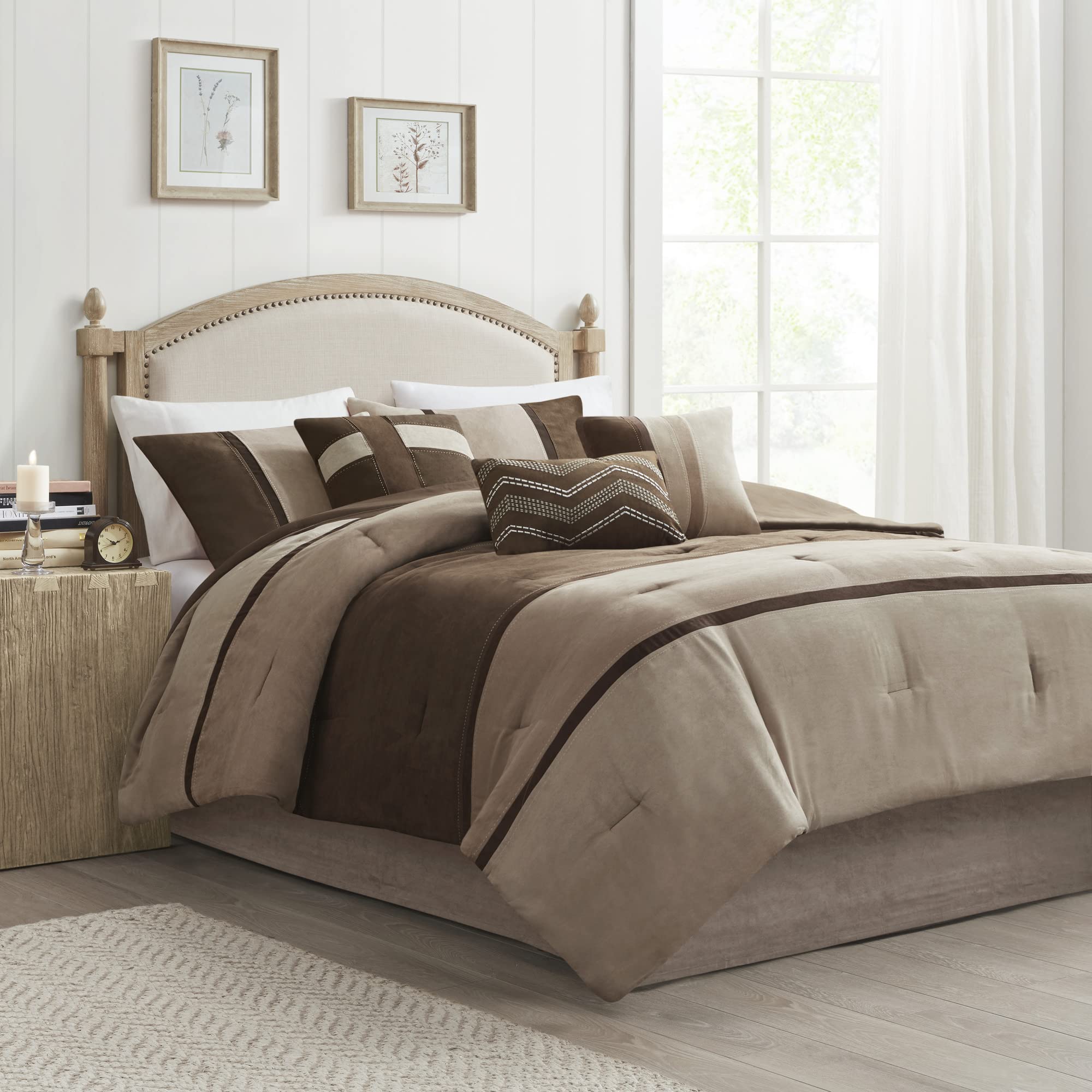 Madison Park Palisades Comforter Set Modern Faux Suede Pieced Stripe Design, All Season Down Alternative Cozy Bedding with Matching Shams, Decorative Pillows, Cal King(104"x92"), Brown 7 Piece Brown 7pcs California King (104 in x 92 in)